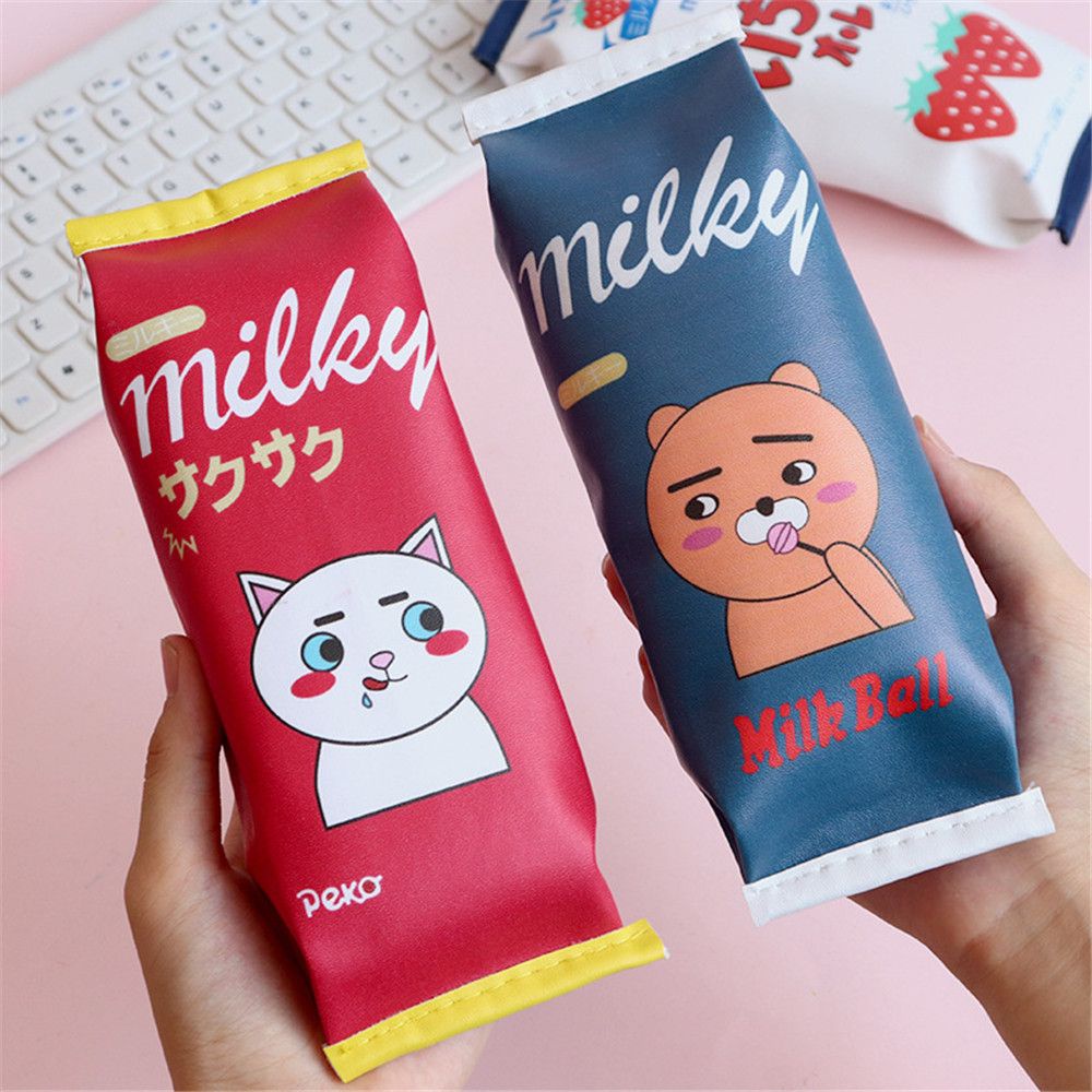 Túi đựng bút hình hộp sữa in hoạt hình chống nước sức chứa lớn kiểu Hàn Quốc cho học sinh