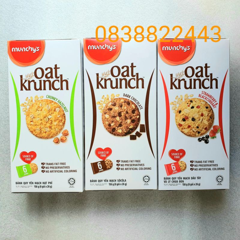 Bánh Yến Mạch Oat Krunch Munchy's Hạt Phỉ Dâu Nho Đen/ Socola Đen Gói 208G /156G ăn kiêng sáng vặt giòn