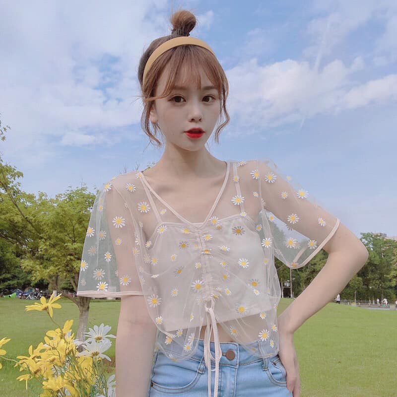 Sét croptop 2 món voan hoa cúc rút dây siêu đẹp Xưởng sỉ nguyễn hoa