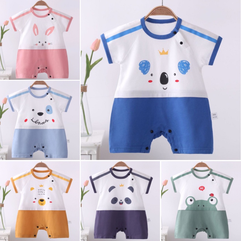 Bộ Áo Liền Quần Tay Ngắn Bằng Vải Cotton Họa Tiết Hoạt Hình Dễ Thương Cho Bé Trai Và Gái 0-24 Tháng Tuổi