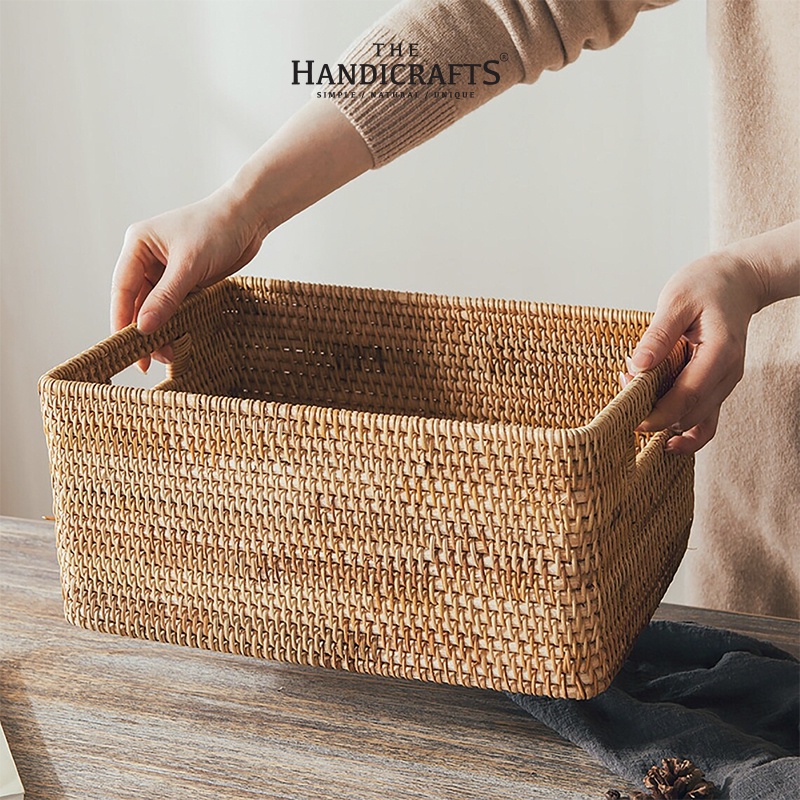Giỏ mây chữ nhật có tay cầm đựng sách, mỹ phẩm, decor trưng bày