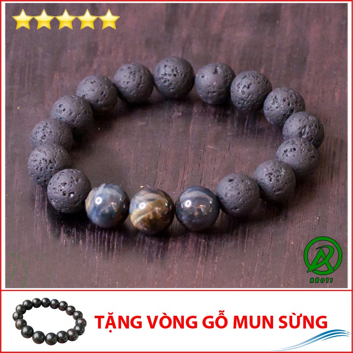 V219-12 Vòng phong thủy đá núi lửa 12 ly mix mắt hổ chim ưng V219-12(GM)- Kèm Vòng Phong Thủy Gỗ Mun - [Chuẩn Hình]