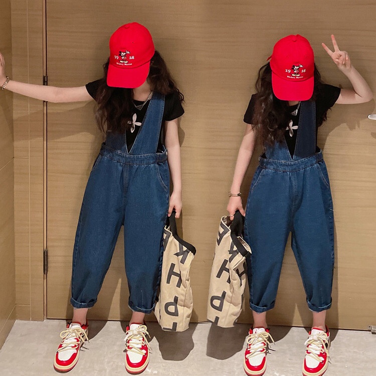 Set Áo Thun Tay Ngắn & Quần Yếm Denim Cho Bé Gái