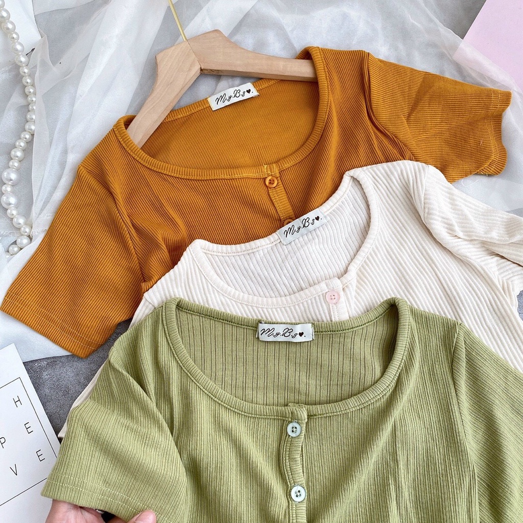 Áo thun croptop  gân cài nút áo chất thun mướt mịn mát lạnh co giãn