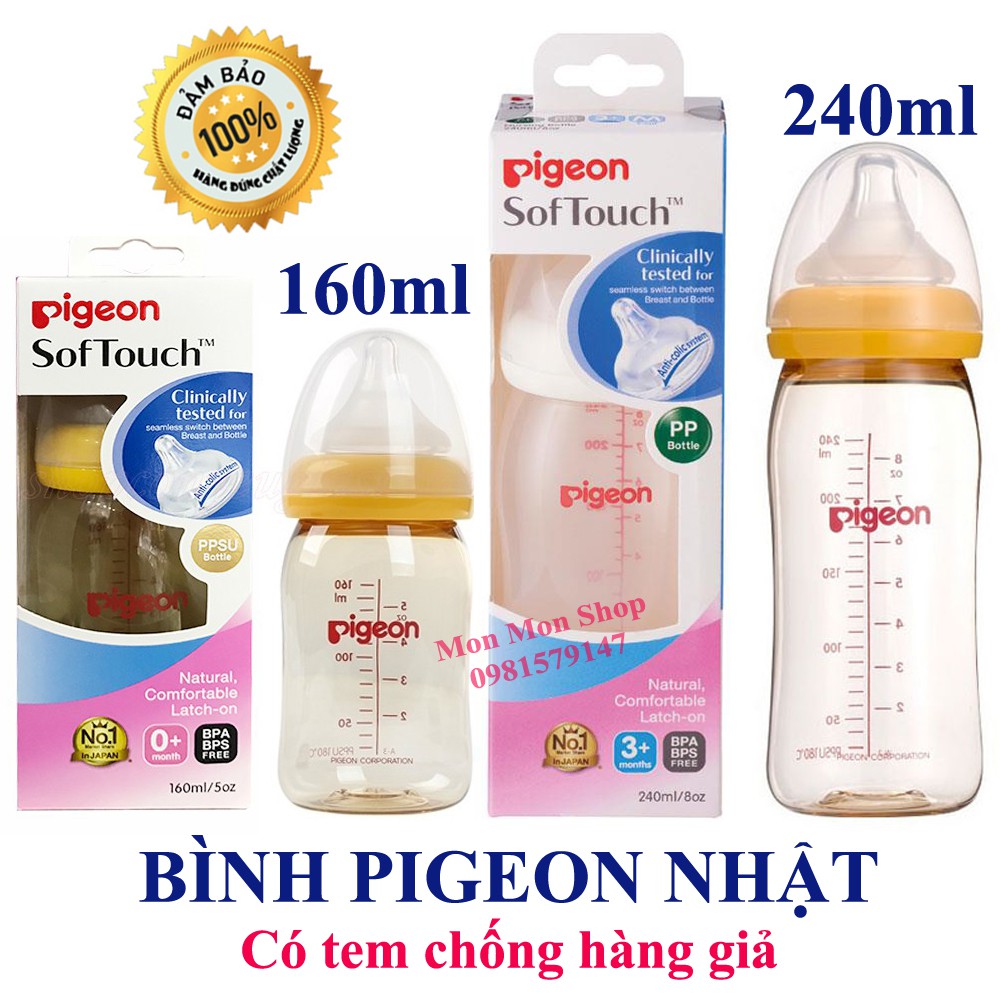 Hàng Nhật - Bình sữa Pigeon Softtouch nhựa PPSU 160ml / 240ml - có tem chống hàng giả