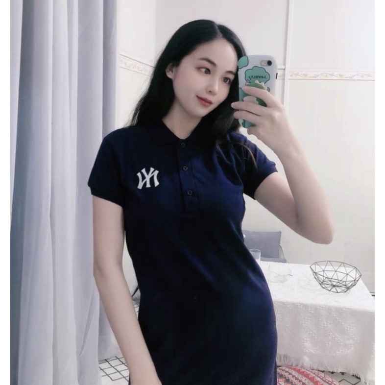 Váy polo nữ đầm chất cá sấu thêu chữ màu xanh than