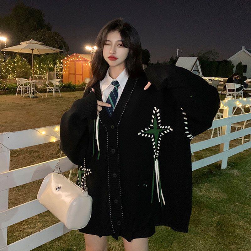 Áo Khoác Cardigan Dệt Kim Cổ Chữ v Dáng Rộng Màu Đen Phối Tua Rua Phong Cách Hip Hop Thời Trang Thu Đông Cho Nữ