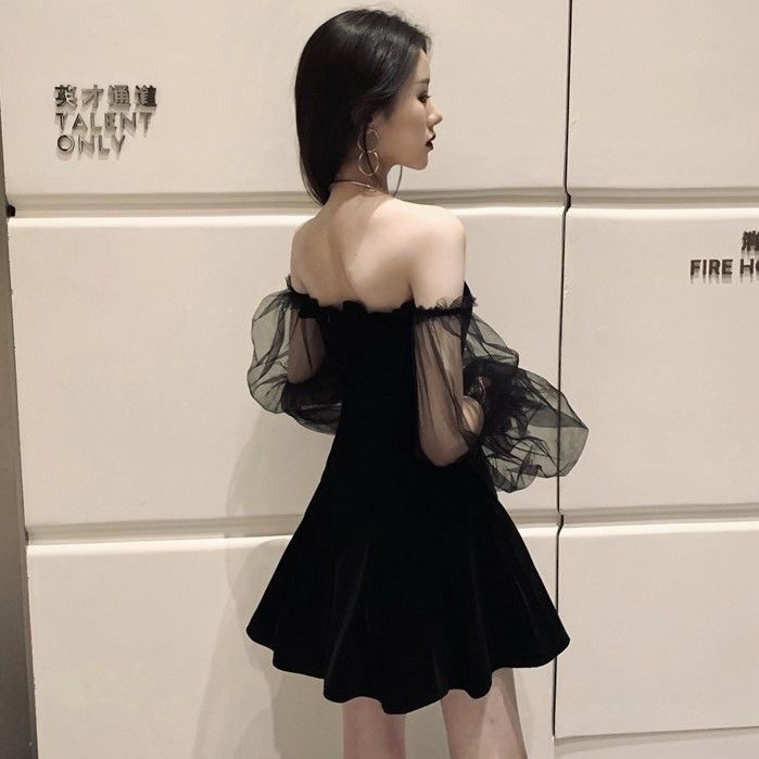 Váy Nữ Trễ Vai Phối Tay Lưới, Đầm Nữ Dáng Xòe Xếp Ly Phong Cách Ulzzang Moda.H