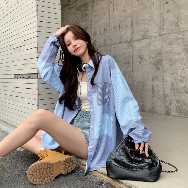 IELGY  Áo Sơ Mi Dài Vừa Kẻ Sọc Thời Trang Cho Nữ