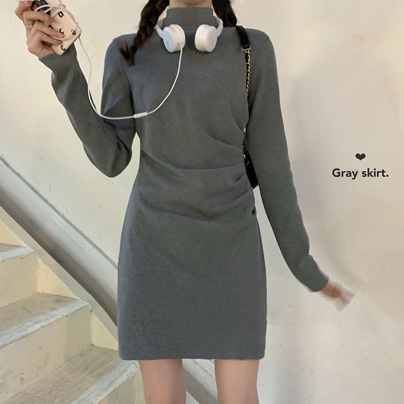 Đầm dệt kim Perty cổ cao dáng ôm thời trang mùa thu phong cách Hàn Quốc cho nữ