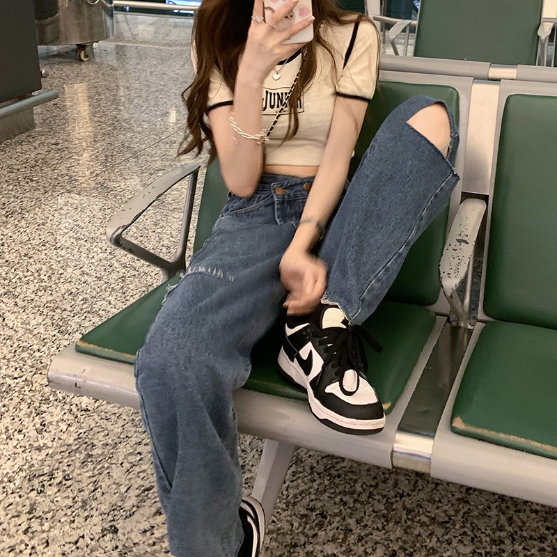 Quần jean nữ lưng cao thiết kế kiểu rách cá tính