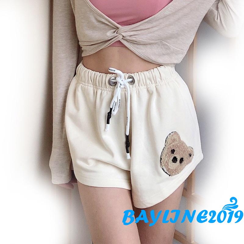 Quần short nữ lưng thun thêu hình gấu đáng yêu