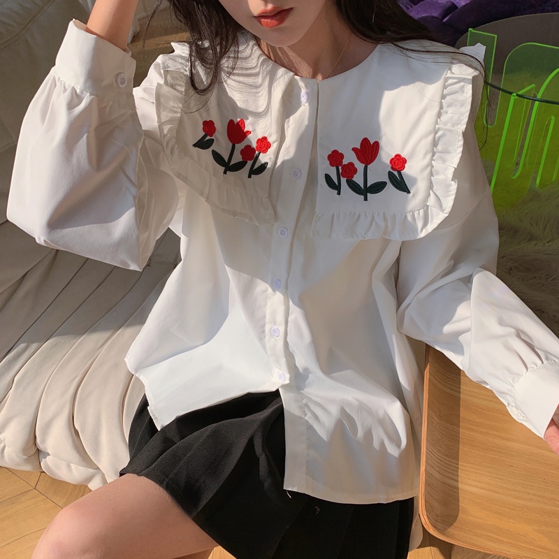 Áo sơ mi SUXI trắng tay dài dáng rộng thêu họa tiết phong cách Hàn Quốc thời trang mùa xuân cho nữ