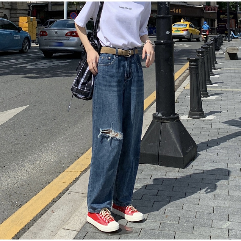 Quần Jean Lưng Cao Form Rộng Thiết Kế Xẻ Rách Cá Tính