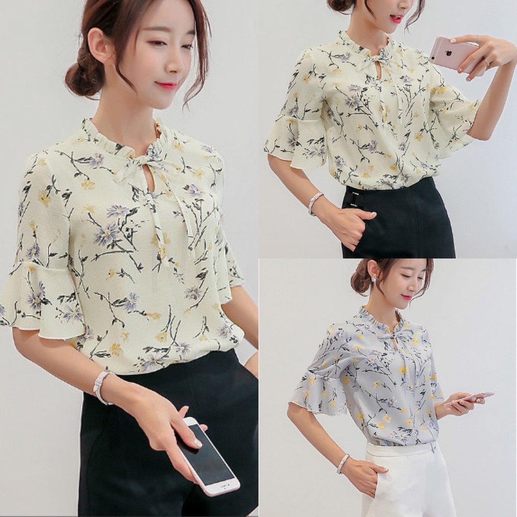 Sơ mi công sở, đi chơi tay bèo, tay lơ cổ nơ chất Voan họa tiết hoa siêu đẹp mặc mát mẫu mới 2021( đang về hàng)