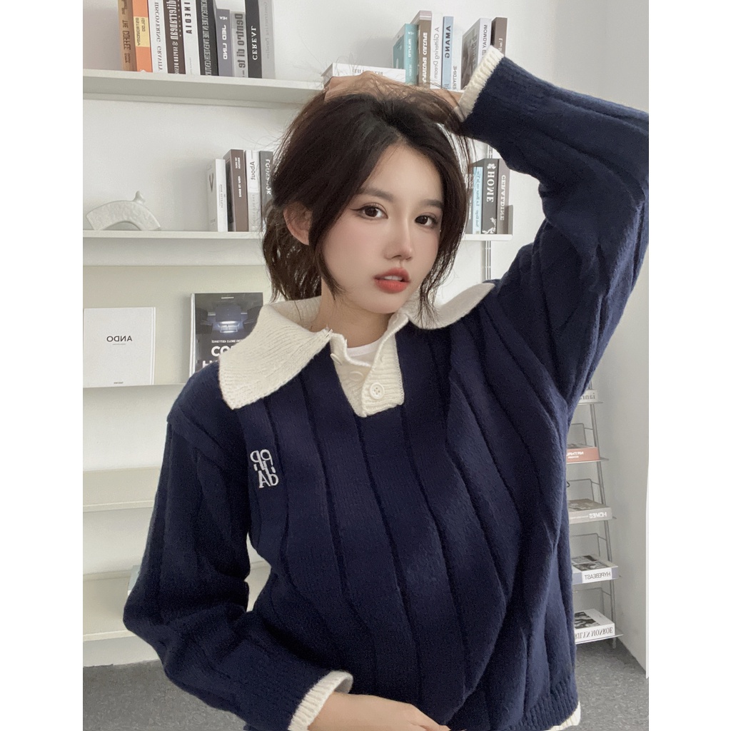 DUNEA Áo Sweater Dệt Kim Form Rộng Phối Màu Xinh Xắn Cho Nữ