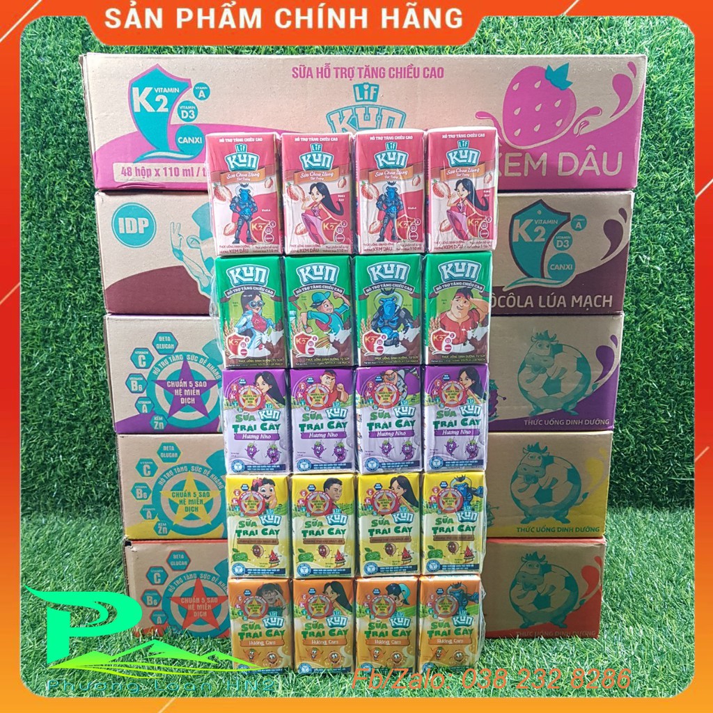 Sữa Kun Cam, Trái cây, Kun Nho, Kem Dâu, Socola 110ml - thùng 48 hộp