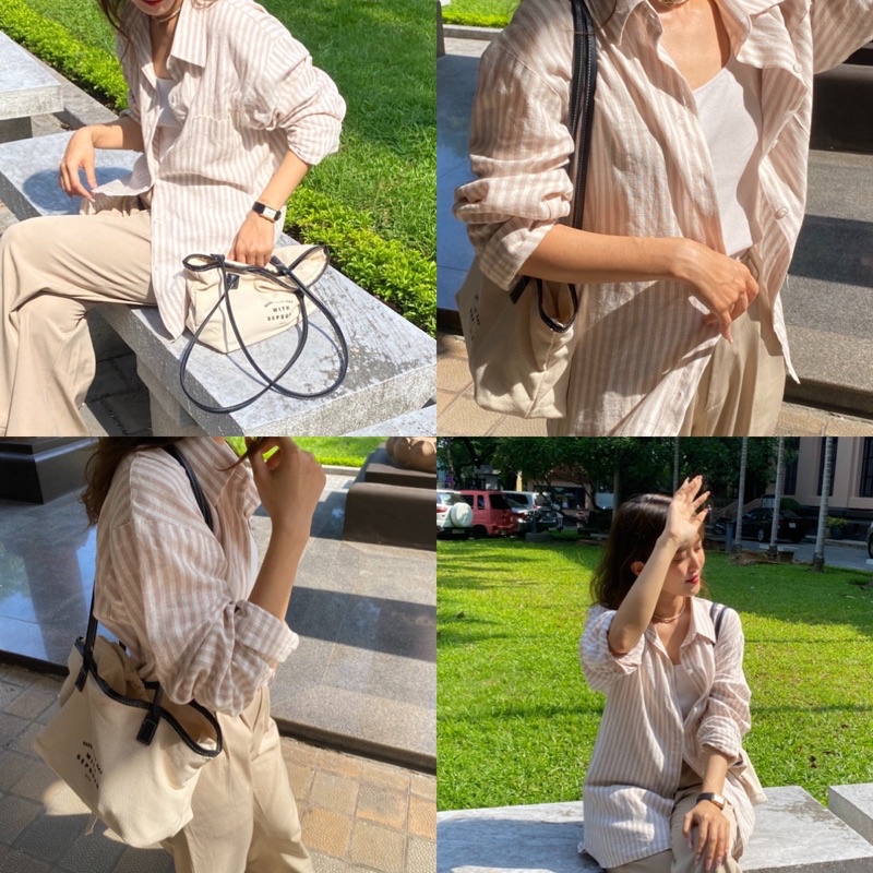 ÁO SƠ MI NỮ - HEEBYOHI - Màu Kẻ Be Hồng Linen Cao Cấp (heebyohi)