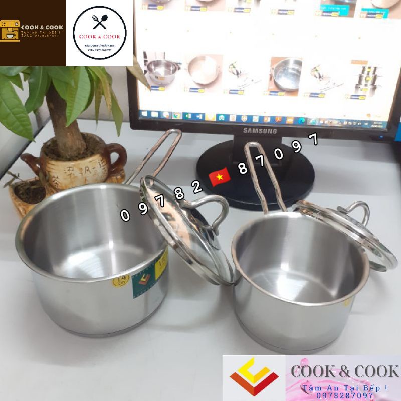 Quánh quấy bột, nồi bột, xoong bột trẻ em inox 3 đáy Vietcook size 10cm, 12 cm, 14 cm, 16 cm sử dụng trên bếp từ