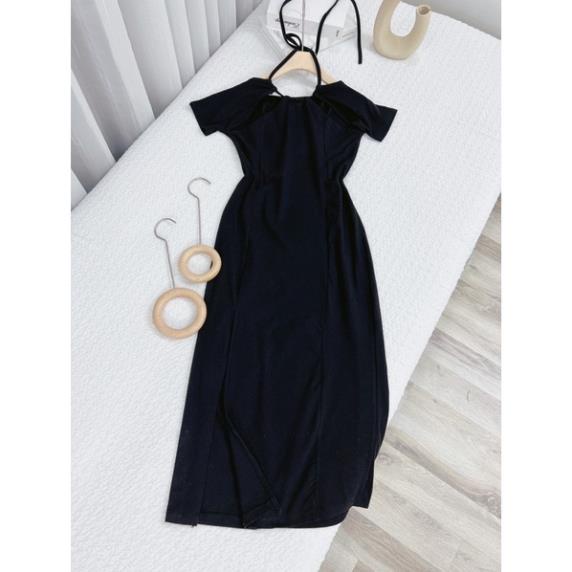 Đầm body đen cut ngực cột dây cổ xẻ đùi , đầm midi thun đen ôm xẻ tà