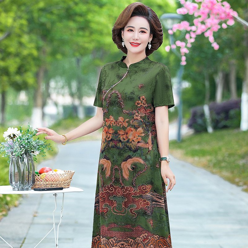 Đầm Thời Trang Mùa Hè Kiểu Mới Dành Cho Phụ Nữ Trung Niên 2022 Đầm Sườn Xám Vải Lụa Tay Ngắn Phong Cách Trung Hoa Thời Trang Mùa Hè Cho Nữ