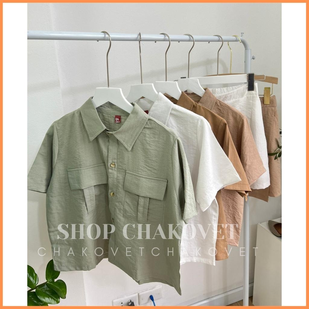 Set đồ nữ mùa hè đi biển S8288, bộ set sơ mi quần đùi giả váy áo cộc tay 2 túi sang chảnh cá tính freesize - CHAKOVET