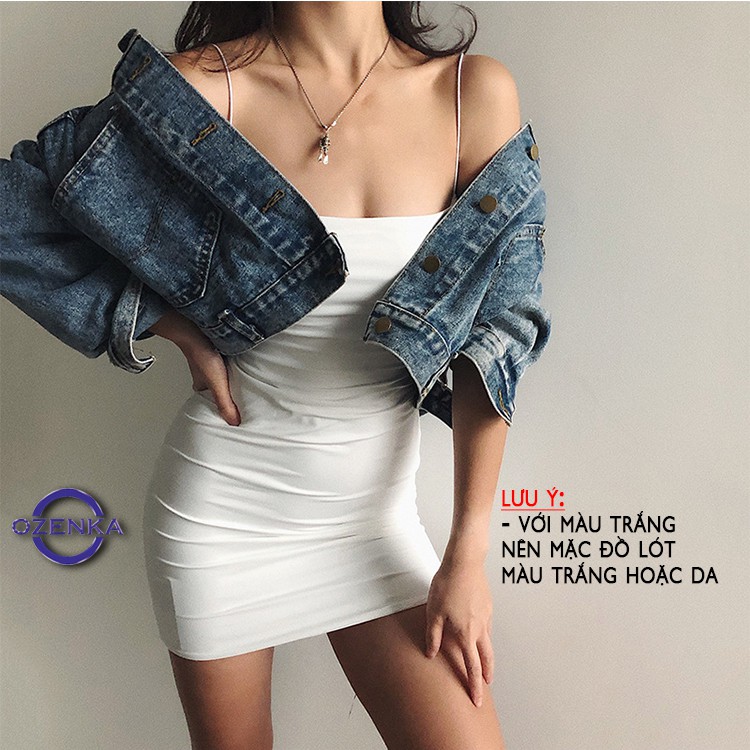 Váy 2 dây ôm body sợi bún sexy dự tiệc chất thun gân OZENKA ,  đầm ngắn gợi cảm đẹp mát màu đen trắng size dưới 52 kg