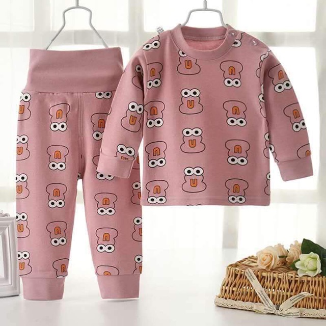 Đồ bộ cotton dài tay, Bộ cotton mặc nhà Bé Gái Cạp Cao ấm bụng chất Cotton Len Cho Bé 7-18kg