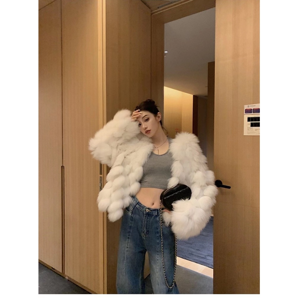 Áo Khoác Giả Lông Cáo Dáng Ôm Ngắn Thời Trang Mùa Đông 2022 Cho Nữ