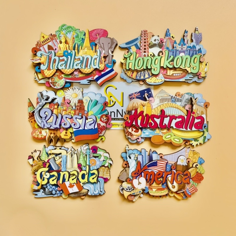 Nam châm tủ lạnh hình ảnh lưu niệm các quốc gia chất liệu bằng gỗ