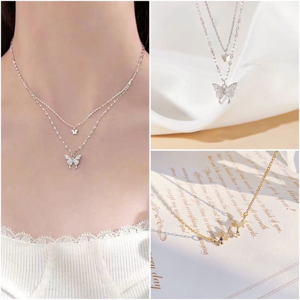 Vòng cổ hai lớp mặt hình bướm đính đá lấp lánh đơn giản dành cho nữ