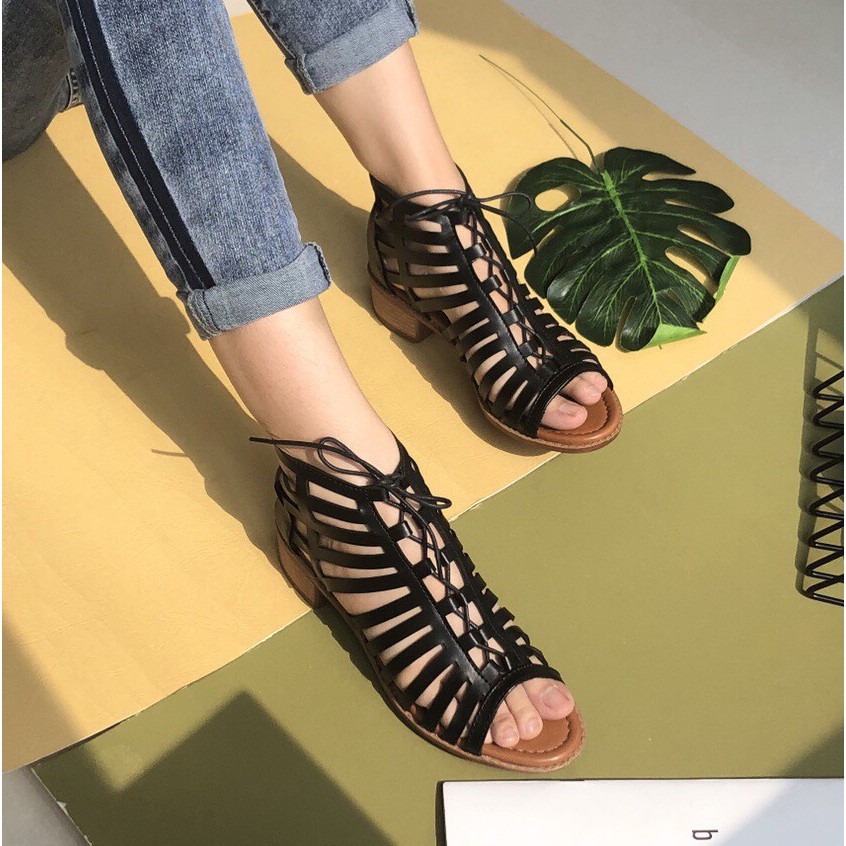 [CAO CẤP] Giày sandal chiến binh da cắt lazer cột dây đế thấp hàng xịn lạ mắt sang trọng S370