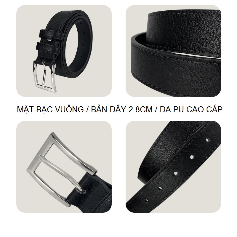 Thắt lưng ulzzang unisex BROO mặt kim vuông bạc, dây nịt lưng da PU đẹp bản dây 2.8cm cho nam nữ