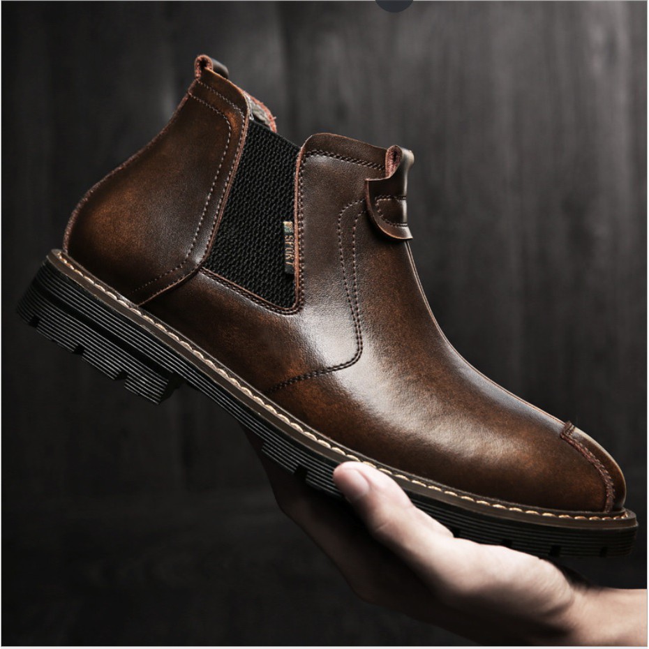 GIày da nam đế cao không dây, giày da bò thật cổ lửng dòng chelsea boot tăng chiều cao