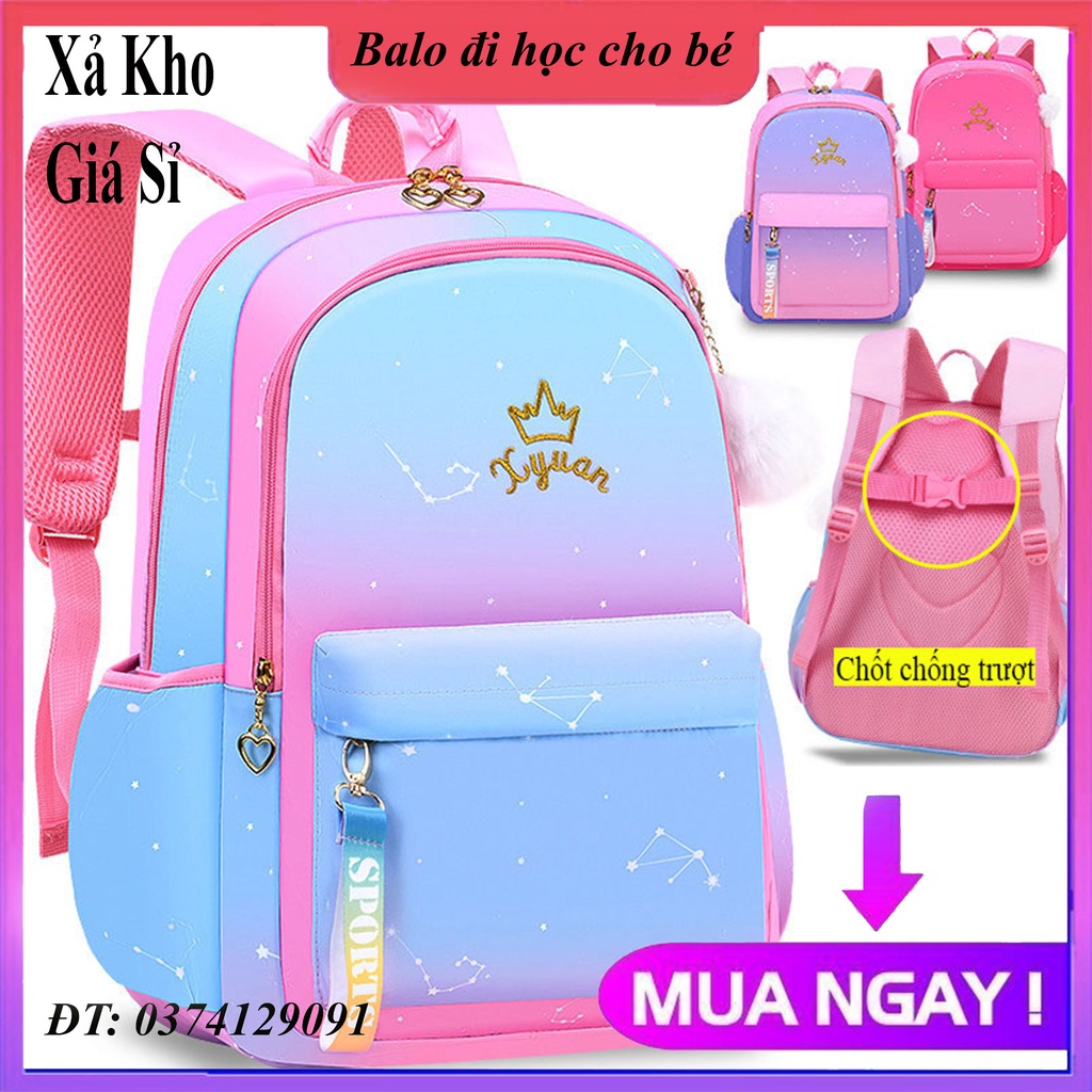 Balo Học Sinh Cho Nữ Họa Tiết Dễ Thương kèm móc bông, Cặp đi học cho các bé gái từ lớp 1-3-12 phong cách Hàn Quốc
