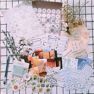 Combo 85 món bullet journal vintage gồm giấy ghi chú, sticker hoa lá phong cảnh chữ, hoa khô, washi, giấy nền, viết đen