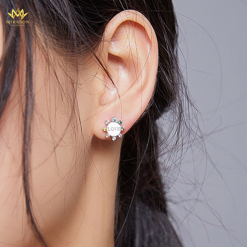 Khuyên Tai Bạc Nữ MIRASON Bông Hoa LOVE Đính Đá Sắc Màu MBT175