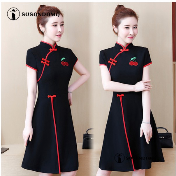 Plus Size Retro Embroidery Qipao Cheongsam Summer Elegant Slim Black Short Sleeve Tunic Midi Dinner Party Prom Dresses