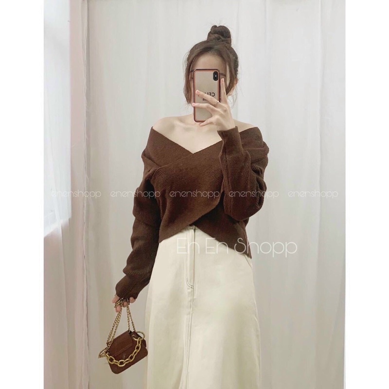 áo len trễ vai cổ tim chất dày dặn hàng qc