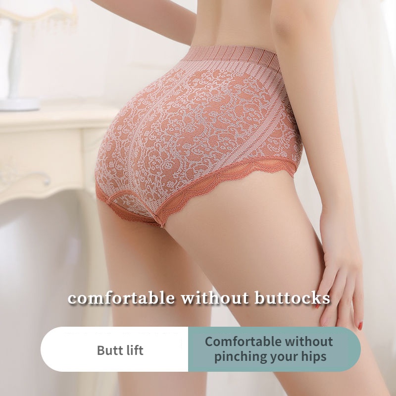 Quần Lót cotton Phối Ren Không Đường May Kháng Khuẩn Lưng Cao Thời Trang Nữ