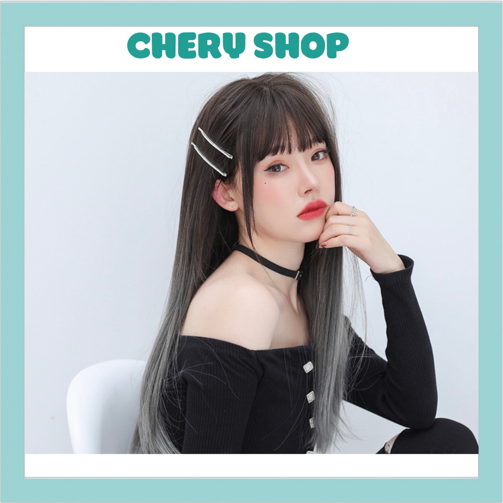 Tóc giả nguyên đầu thẳng dài màu xám khói tự nhiên tặng kèm lưới trùm wig mã z7007