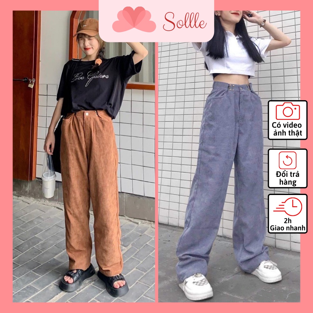 Quần dài nhung gân form suông dáng dài cạp cao phối móc cài Hàn Quốc Sollle