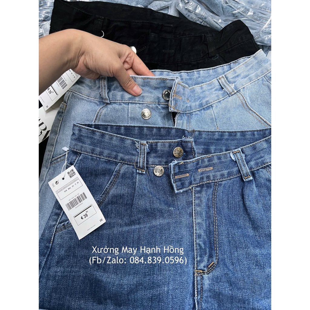Quần short bò vạt lệch loại 1, Quần short jeans ngố bò 2 khuy ống rộng cá tính