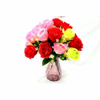Hoa lụa/ Cụm hoa hồng hồng 7 bông trang trí