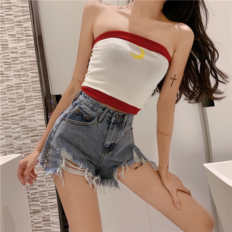 COZOKC COZOK Quần short denim COZOK phối rách cạp cao mỏng