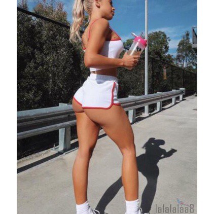 Set Đồ Thể Thao 2 Món Gồm Áo Croptop Hai Dây Màu Trơn + Quần Lưng Cao Co Giãn + Quần Short Lưng Cao Dành Cho Nữ Laa8-Yh