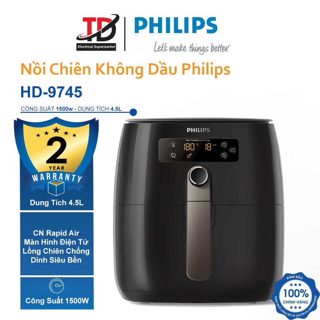 [Mã ELHAMS5 giảm 6% đơn 300K] Nồi Chiên Không Dầu Điện Tử Philips HD9745 - 4.5Lit/1500W - Bảo Hành Chính Hãng 2 Năm