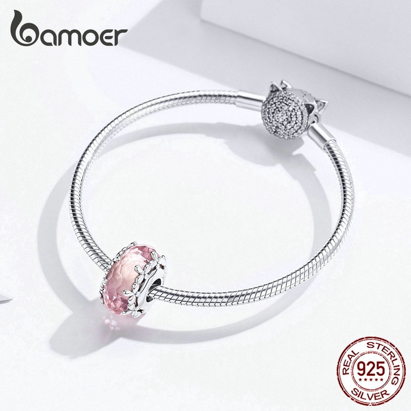 Hạt charm Bamoer hình tròn phối đá phụ kiện làm trang sức thời trang DIY