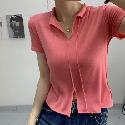 Áo Thun Tay Ngắn Cổ Chữ V Xẻ Tà Dáng Ôm Màu Trắng Thời Trang Cho Nữ