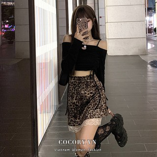 Cocorygirl Bộ Áo Croptop + Chân Váy Hoạ Tiết Da Báo Phong Cách Hàn Quốc